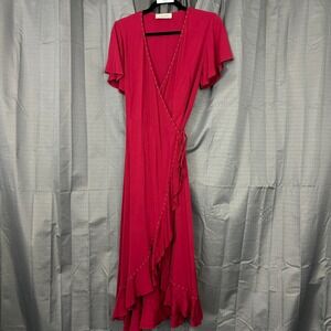Loyd/Ford Palm Springs Wrap Midi Dress Womens 6 Red Rayon Gold Studded Ruffle